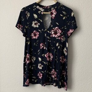 Elegant Floral Keyhole Blouse - Navy and Pink
